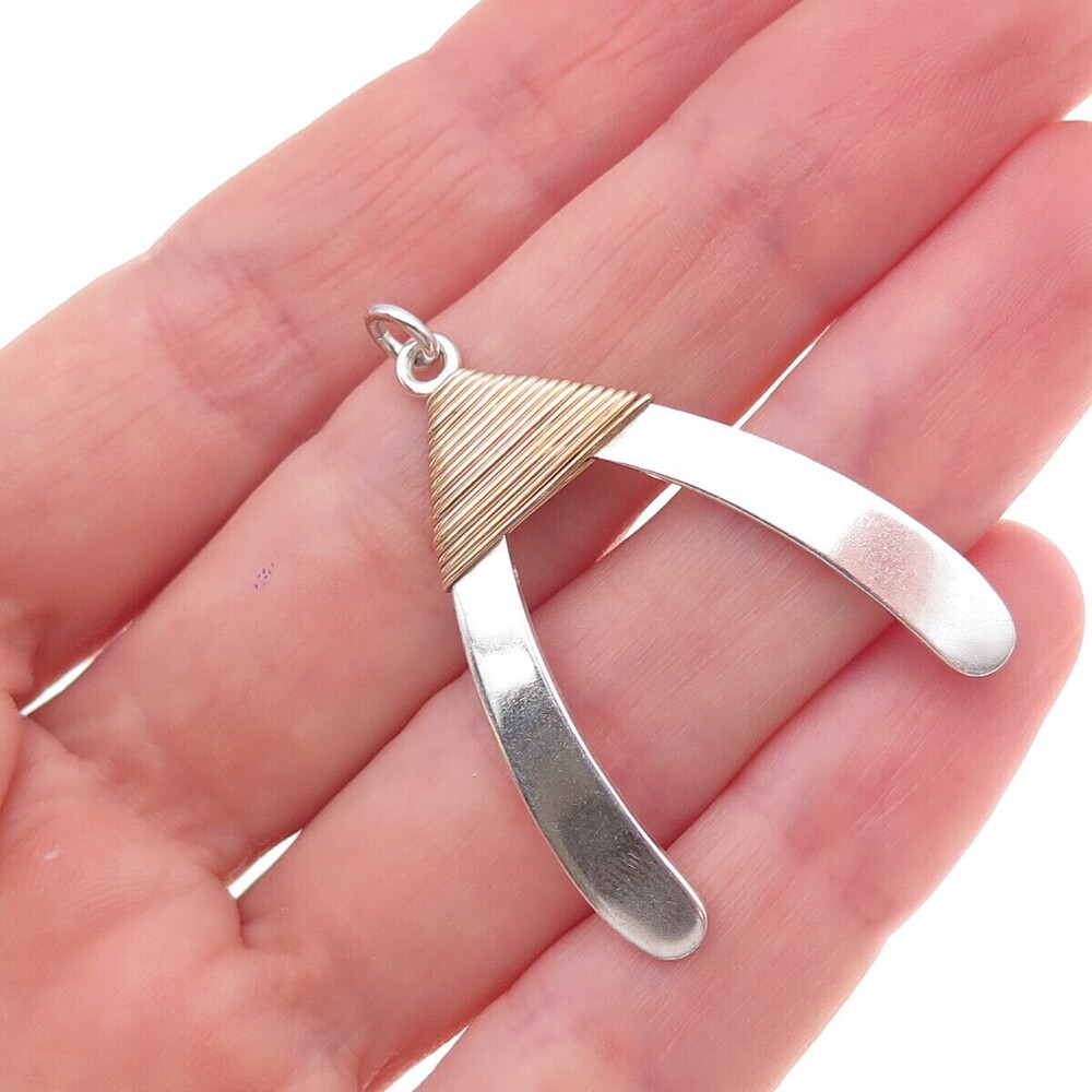 925 Sterling Silver 2-Tone Vintage Israel Modernist Wishbone Good Luck Pendant
